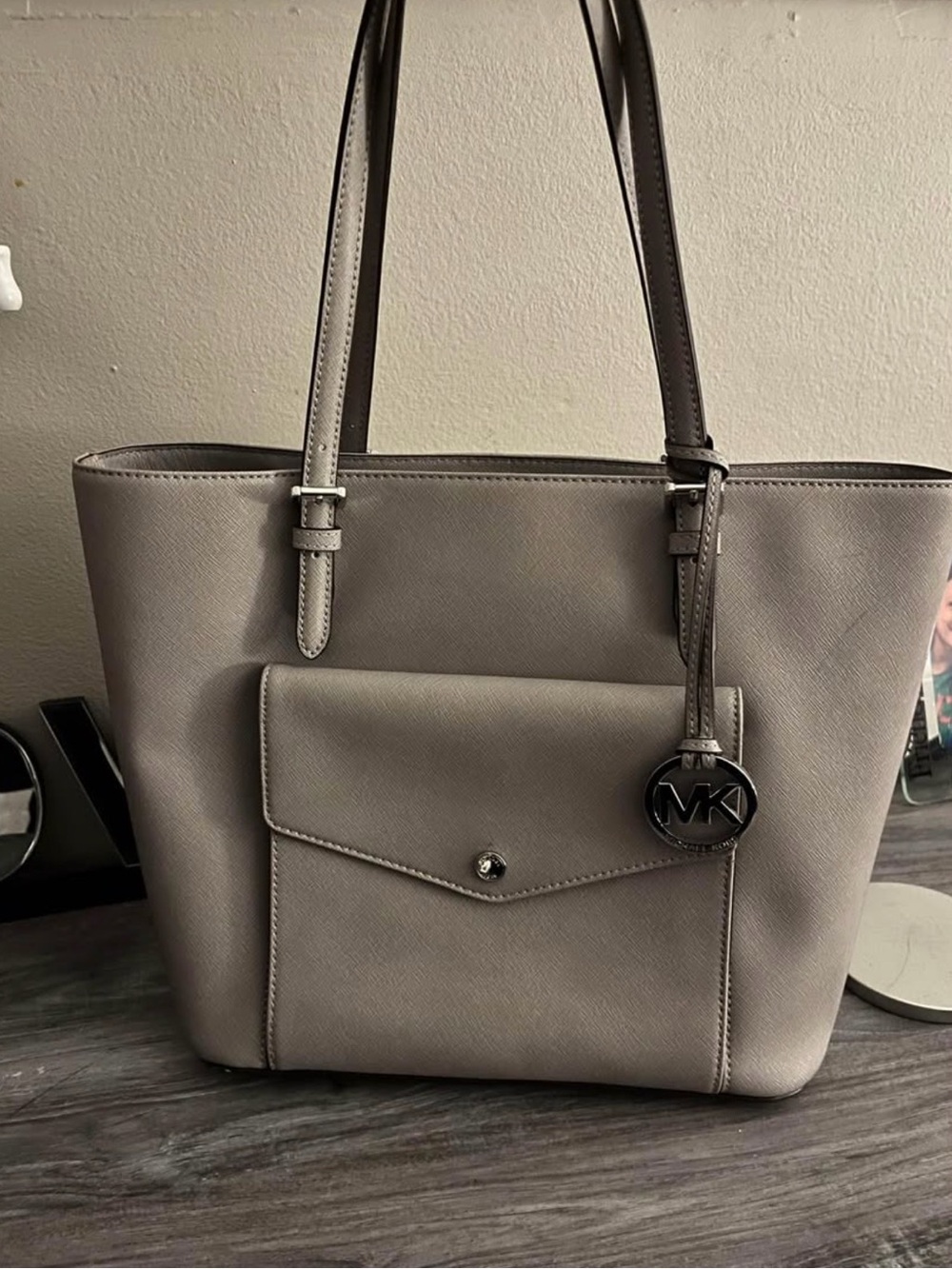 Michael Kors Taupe Saffiano Leather Tote with MK Charm
